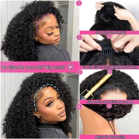 Larhali Kinky Curly Half Wig Human Hair 180% Density Wear And Go Glueless Wigs Human Hair 16 Inch Curly 3 In 1 Half Wigs for Women Drawstring Seamless Flip Headband Wig Beginner Friendly