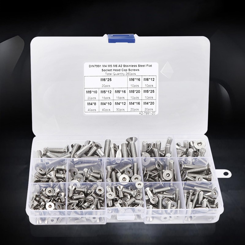 260 Pieces Flat Screw Set M4/M5/M6 Hex Socket Screw, 304