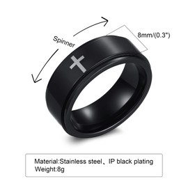 8mm Titanium Steel Black Fidget Ring Engraved Small Cross Stainless Steel Spinner Rings Stress Relieving Anxiety Ring Engagement Wedding Promise Band for Women Men Boys Girls Size 8