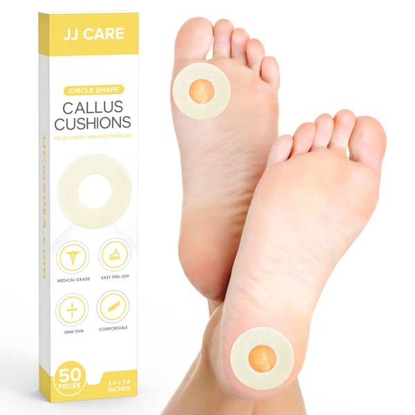 JJ CARE Callus Cushions (Pack of 50) Callus Pads for Bottom of Foot - Round Shape - Callous Remover for Feet Pads - Soft Felt Foot Pads for Calluses for Women, Pain Relief & Foot Care