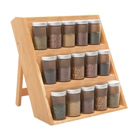 FoverOne Bamboo Spice Rack Organizer for Kitchen Counter, 3 Tier Foldable Spice Shelf for Cabinet or Drawer (Jars Not Included)