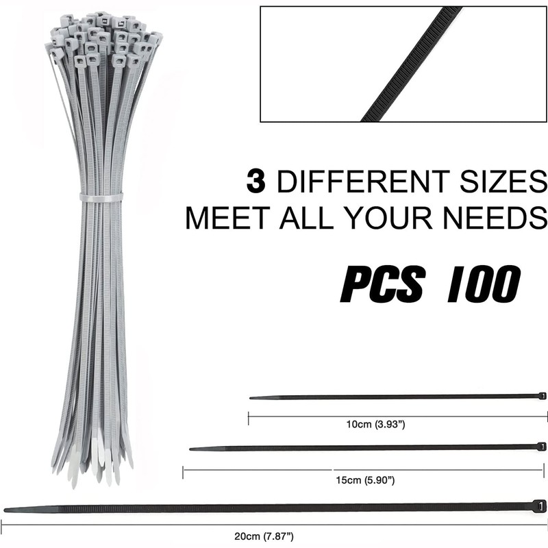 100 Sliver Plastic Cable Ties, 3 Different Sized Tie Wraps,