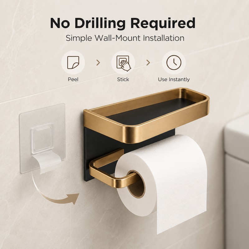 Aluminum Toilet Paper Holder with Shelf – No-Drill Black Gold