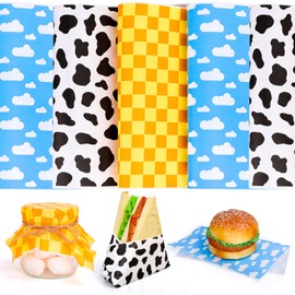 Whaline 240 Sheet Cartoon Story Wax Paper Blue Sky Cow Print Yellow Checkered Deli Paper Toy Inspire Game Wrapping Tissue Basket Liners for Birthday Baby Shower Party