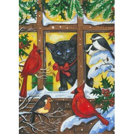 5x7 PRINT OF PAINTING RYTA CHRISTMAS BLACK CAT WINTER CARDINAL NORTH BIRDS ART
