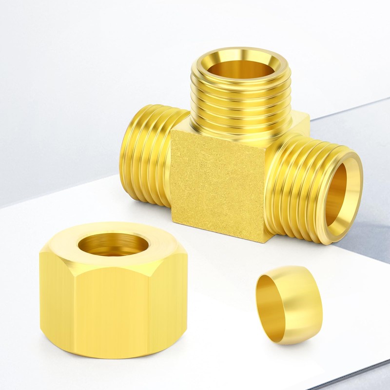 TAILONZ PNEUMATIC 2PCS Brass Compression Tube Pipe Fitting Connector, Tee，10mm
