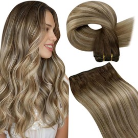 Hetto Weft Hair Extensions Real Human Hair Brown Root Ombre to Light Brown with Medium Blonde Sew in Extensions Double Weft 14 Inch 80g/Pack #3/8/22