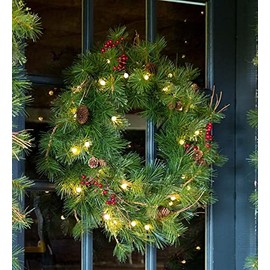 Plow & Hearth Blue Ridge Greenery Wreath with Auto-Timer, 40 Dual Color LEDs, White or Multi-Color, Real Pine Cones, Lush Assorted Greens, All-Weather, Battery-Operated, 30" Dia. x 6" D