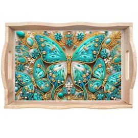 ARTopet DIY Diamond Art Painting Creative Design Handmade Wooden Serving Tray Dinner Plate Partial Diamond Art Breakfast Tray for Coffee Living Room Home Organizer - Green Butterfly
