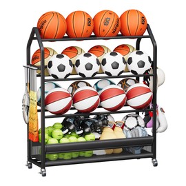 Homeiju Sports Equipment Organizer, Ball Storage Rack, Garage Sports Gear Rack with Wheels and Hooks, Indoor/Outdoor Shelf Rack for Sports Gear, Black