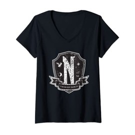 Womens Wednesday Nevermore Logo Distressed V-Neck T-Shirt