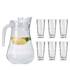 7-Pcs/Set Glass Pitcher with 6 Glasses Tumbler Cups Lid Water Carafe Jug with Spout Handle for Hot/Cold Water Tea Beverage