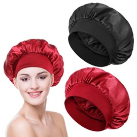 JIYIN 2Pcs Silk Bonnet for Sleeping, Satin Hair Bonnets, Soft Elastic Band Silk Sleep Cap Hair Wrap for Women Men(Black + Red)