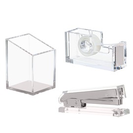 Punch & Stick | Stationery & Desk Accessories | Pen Holder, Stapler & Tape Dispenser | Silver & Clear Acrylic Lucite | Office Desk Accessories | Office Gift Set