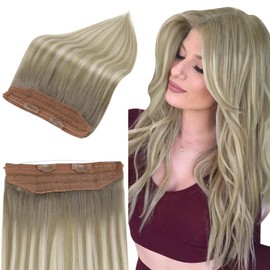 Full Shine Invisible Wire Extensions Real Human Hair Color Grey To Light Brown Mix Platinum Blonde Hair Extension 70 Grams Clip In Human Hair With Transparent Fishing Line 12 Inch