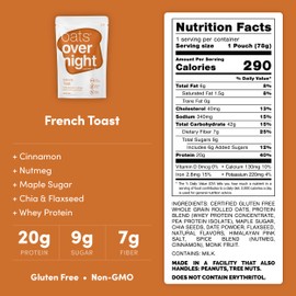 Oats Overnight French Toast - Overnight Oats with 20g Whey Protein, High Fiber Breakfast Protein Shake - Gluten Free Oatmeal, Non GMO High Protein Oatmeal (2.7 oz per Meal) (16 Pack)