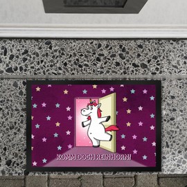 Door Mat XL in 40 x 60 cm with Unicorn Motif and Saying - Komm doch Reinhorn with Cute Unicorn as Decoration for the Children's Room of a Girl Who Loves Pink, Stars and Colourful