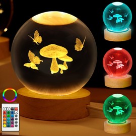 LINSINA Mushroom Table Lamp, 3.15in 16 Colors Crystal Ball Night Light with Wooden Base and Remote Control,Birthday Gift for Women Men Kid,Her (Mushroom)