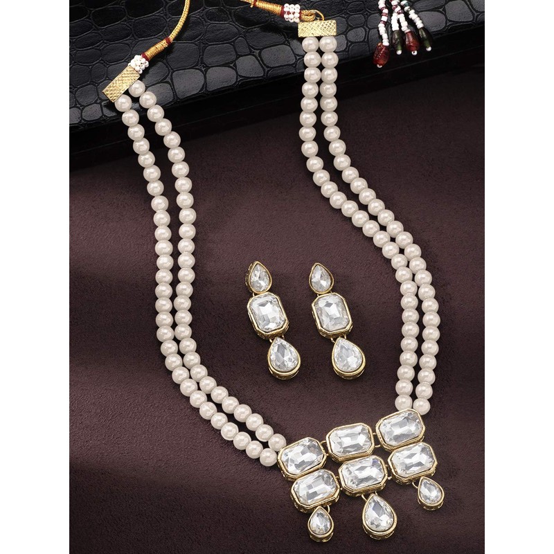 Aheli Crystal Pearl Long Collar con pendientes de caída Conjunto