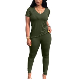 PINSV Lounge Sets for Women 2 Piece Summer Casual Jogger Workout Outfits Short Tops Long Pant Sweat suit leggings set Green XL