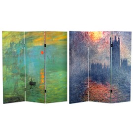 Red Lantern 4 ft. Short Double Sided Works of Monet Canvas Impression Sunrise/Houses of Parliament Folding Screen