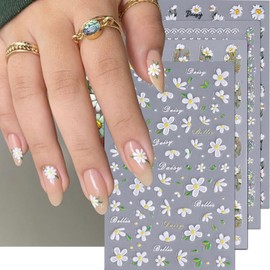 Flower Nail Stickers 5D Embossed Nail Art Stickers Spring Nail Sticker Decals Daisy Floral Self Adhesive Nails Design Sticker for Nail Art Supplies Accessories for Women DIY Manicure Decoration 4Pcs
