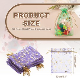 PATIKIL 100 Pcs 5x7 Inch Heart Printed Organza Bags, Purple Sheer Heart Organza Bags with Drawstring for Christmas Candy Jewelry Party Wedding Favor Gift