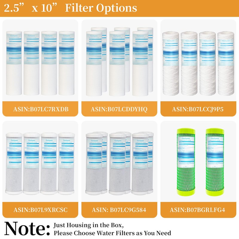 Geekpure 10-Inch Whole House Slim Water Filter Housing for 2.5"