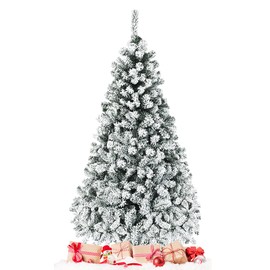 DORTALA Pre-lit Christmas Tree, 6 FT Snow Flocked Artificial Xmas Tree with 600 PVC Branch Tips, 250 Warm White LED Lights, Folding Metal Stand, Green