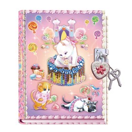 DUDUBUY Sweet Kitty Secret Diary with Lock 7" Journal Notebook with 300 Sided Lined and Blank Pages with Gem Studded Heart Shaped Padlock and 2 Keys for Girls Kids Ages 5-12