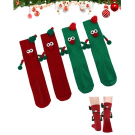 Yawlsow Christmas Holding Hands Socks, 2 Pairs Funny Cute Magnetic Hand Holding Socks for Men Women, Crazy Holiday Winter Socks Xmas Gifts with 3D Doll, Silly Novelty Socks for Couple, Family, Adult