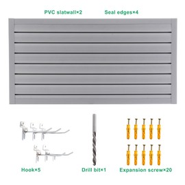 Slatwall Panel Garage Wall Organizer Storage Systems, Wall Mounted PVC Storage Rack with 5 Hooks, Interlocking Workshop Slat Wall Paneling Sheets Board Shelves Tools Organization-Grey(2’H x 4’W)