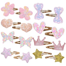 Hair Clips for Girls - 8 Pairs of Flower, bow, Star, Crown, Heart, Butterfly Shaped Barrettes and Pins - Metal Snap Accessories for Styling Kids' Hair