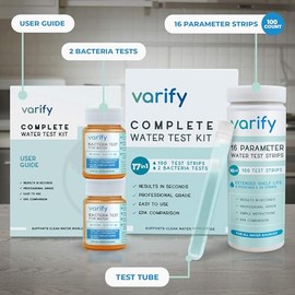 Varify Kit completo de prueba de agua potable 17 en 1 - 100 tiras + 2 kits de prueba de bacterias, bueno, llave, hogar, tira de prueba de agua para pl