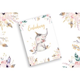 Friendly Fox Elephant Invitation, 12 Invitation Cards Children's Birthday Small Elephant, Watercolour Card, Boho Birthday Invitation with Envelope