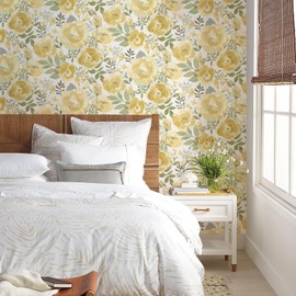 Orainege Floral Wallpaper Peel and Stick Wallpaper 16.9inx118.1in Self Adhesive Wallpaper Boho Contact Paper Removable Decorative Wall Paper for Bedroom Bathroom Shelf Liner Decor Vinyl,Yellow