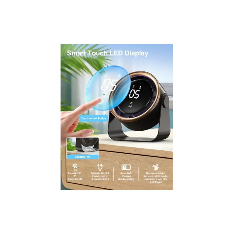 HAGEDAWN Ultra-Quiet Small Desk Fan with Touch Control & LED