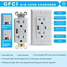 Zhushan 20A Self-Test GFCI Outlet with Type A & Type-C USB Ports, Tamper-Resistant Decorator Duplex, in-Wall USB Charger for Smartphones, Tablets, and Smart Home Devices, White