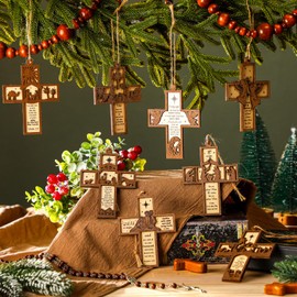 Seeloowy 24 Pcs Christmas Wooden Cross Ornaments for Tree Christian Religious Cross Hanging Ornaments Christian Nativity Scene Gift Decorations for Home Xmas Holiday Church Decor