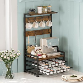 Welfuturer Coffee Pod Drawer Holder K Cup Holder with 56 Pods Capacity 3 Tier Coffee Pods Holder With 2-Tier Sliding Storage Drawer,Countertop and 8 Hooks for Home Office Cafe Counter