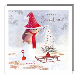 Tracks Publishing Charity Christmas Cards - Hedgehog in Christmas Hat with Sledge, Tree and Flittered Snow - Eco-Friendly - Pack of 5 Cards