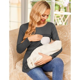 Ekouaer Women's Nursing Tops Long Sleeve Nursing Shirts Double Layer Maternity Clothes 3 Packs Breastfeeding Shirts