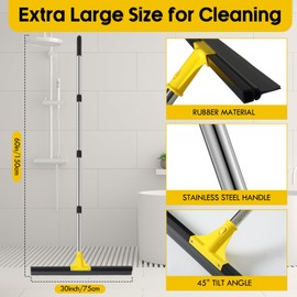 Leriton Floor Squeegee for Concrete and Tile Cleaning, 30'' Heavy Duty Rubber Wiper with 60'' Long Adjustable Handle Water Scraper for Bathroom Shower Glass Garage Glass Window(Yellow