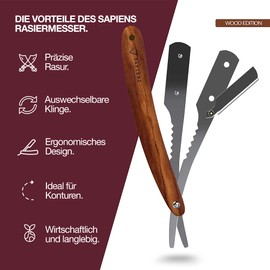Sapiens Barbershop Men's Razor - Beard Razor + 20 Derby Half Razor Blades + Carry Bag - Barber Razor with Interchangeable Blade - Straight Razor Wooden Handle Edition