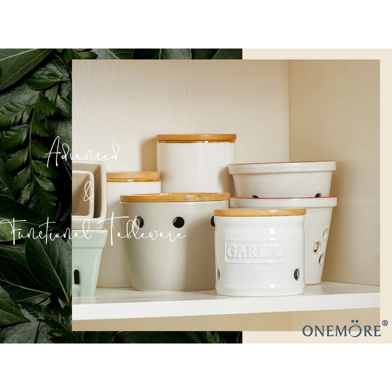 ONEMORE Garlic Keeper with Lid, Ceramic Garlic Saver 4 inch,