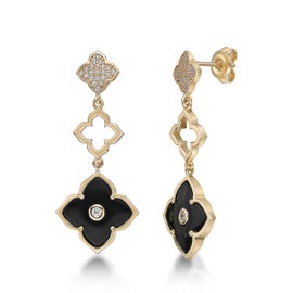 Black Onyx and Cubic Zirconia Three Flower Drop Dangle Earrings for Women I Yellow Gold Plated 925 Sterling Silver Earrings for Her I Push Back by Lavari Jewelers