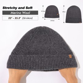 Oversized XL XXL Merino Wool Cashmere Blend Beanie Hat for Big Extra Large Head Men Women Winter Cap Knit Skull Cold Weather Hunting Ski Fisherman Grey