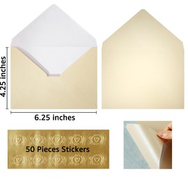 50 Pieces Shiny Envelopes with Gold Stickers for Wedding Invitation Cards, Graduation, Baby Shower, Greeting Cards (Cream Color, A4, 4x6)