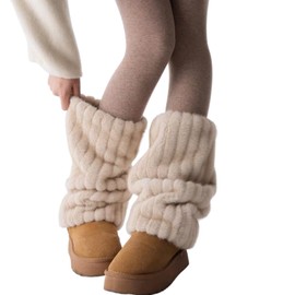 MANGMAO Fuzzy Leg Warmers Y2k Fairy Grunge Fur Leg Warmers Women Fluffy Cute Stocking Socks Aesthetic Accessories (Medium Length,Apricot)