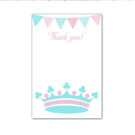 30 Blank Thank You Cards Notes Birthday Party Baby Girl Shower Princess Pink Aqua Blue Flag Banner Crown Design + 30 White Envelopes